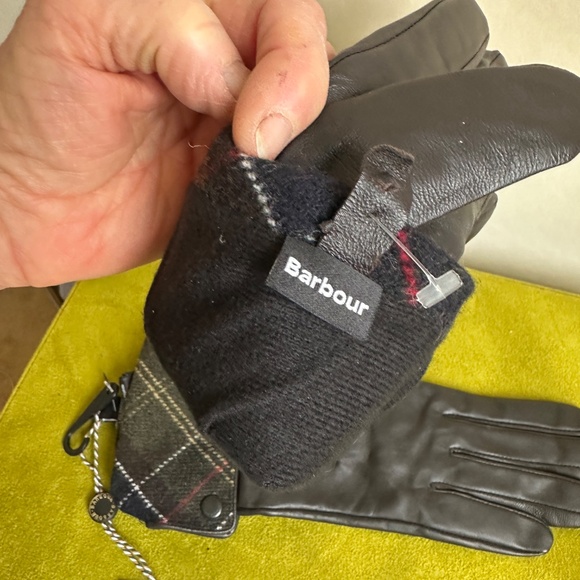 Barbour Lady Jane Leather Gloves S Choc/Green Tartan Cuffs Fleece Lined NOS - Picture 3 of 6